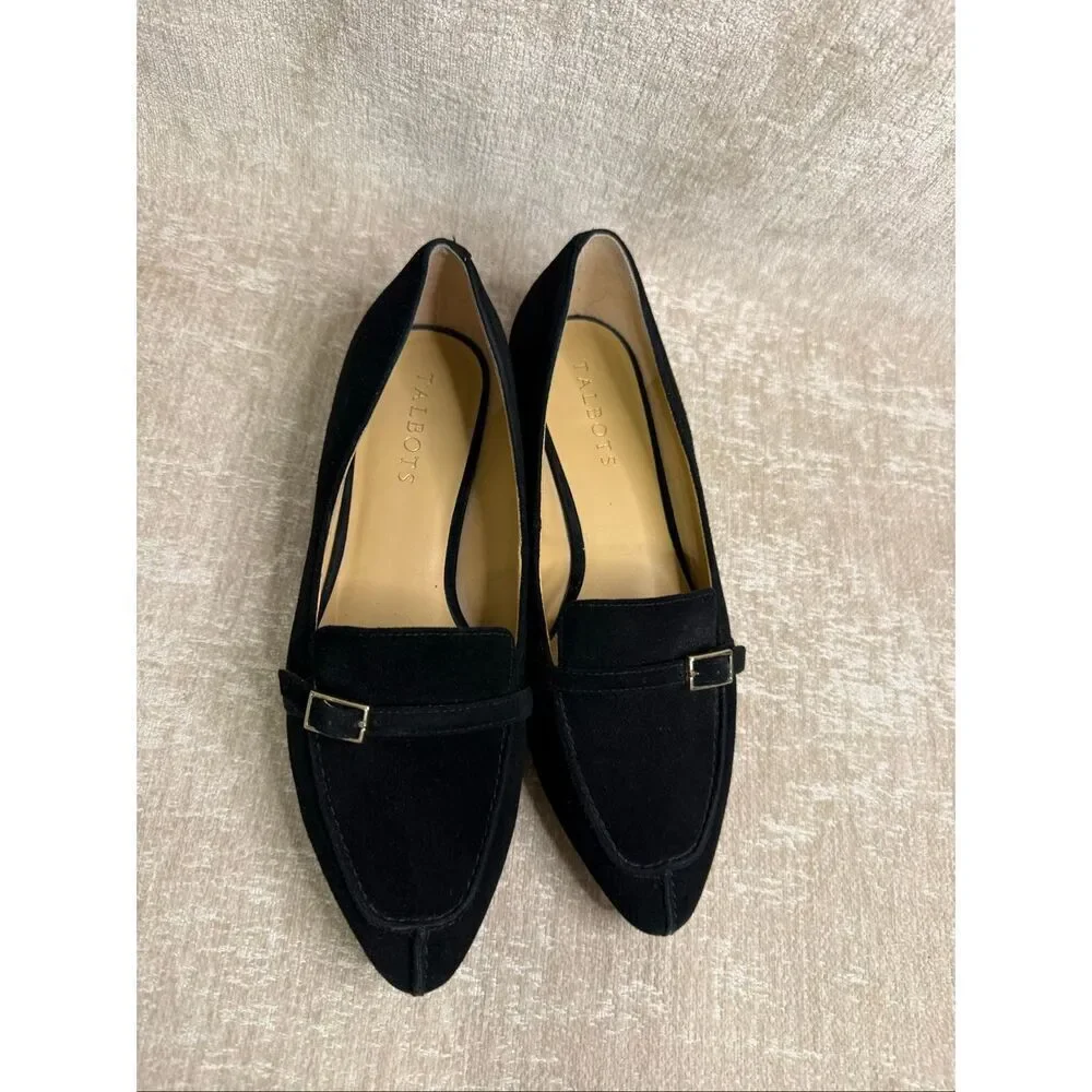 Talbots Women's Suede Leather Buckle Detail Slip-on Loafer Flats Black Size 7M